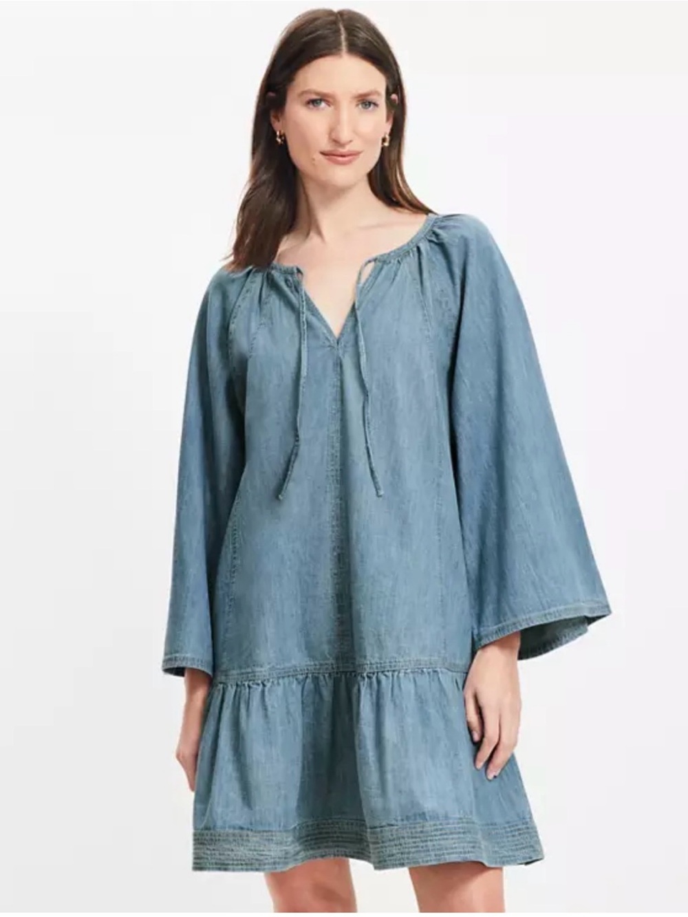 Light Denim Tie-Neck Tunic Dress in Washed Blue